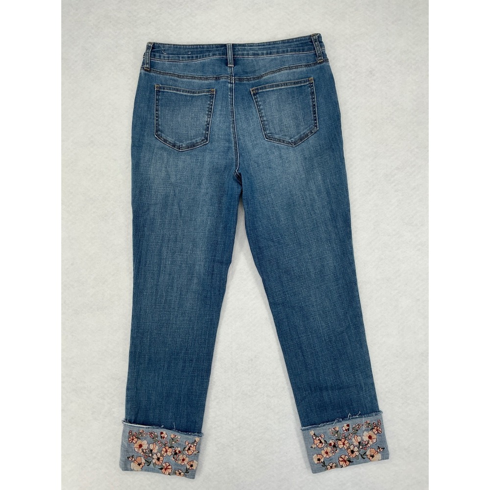 Chico's Girlfriend Ankle Jeans Women 1 Blue So Slimming Floral Embroidered Cuff - Picture 8 of 11